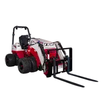 Handle palletized materials effortlessly with the Ventrac Pallet Forks, rated for 410 lbs lifting capacity on level ground — perfect for landscapers and material suppliers.