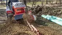 KY400 Trencher Perfect for downspout drainage, the KY400 Trencher cuts a 5½-inch wide, 40-inch deep trench — ideal for routing water away from buildings without excessive turf damage.