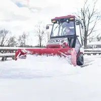 SP720 Box Plow Clearing snow in tight commercial lots: the compact Ventrac + Box Plow combination excels in maneuverability.